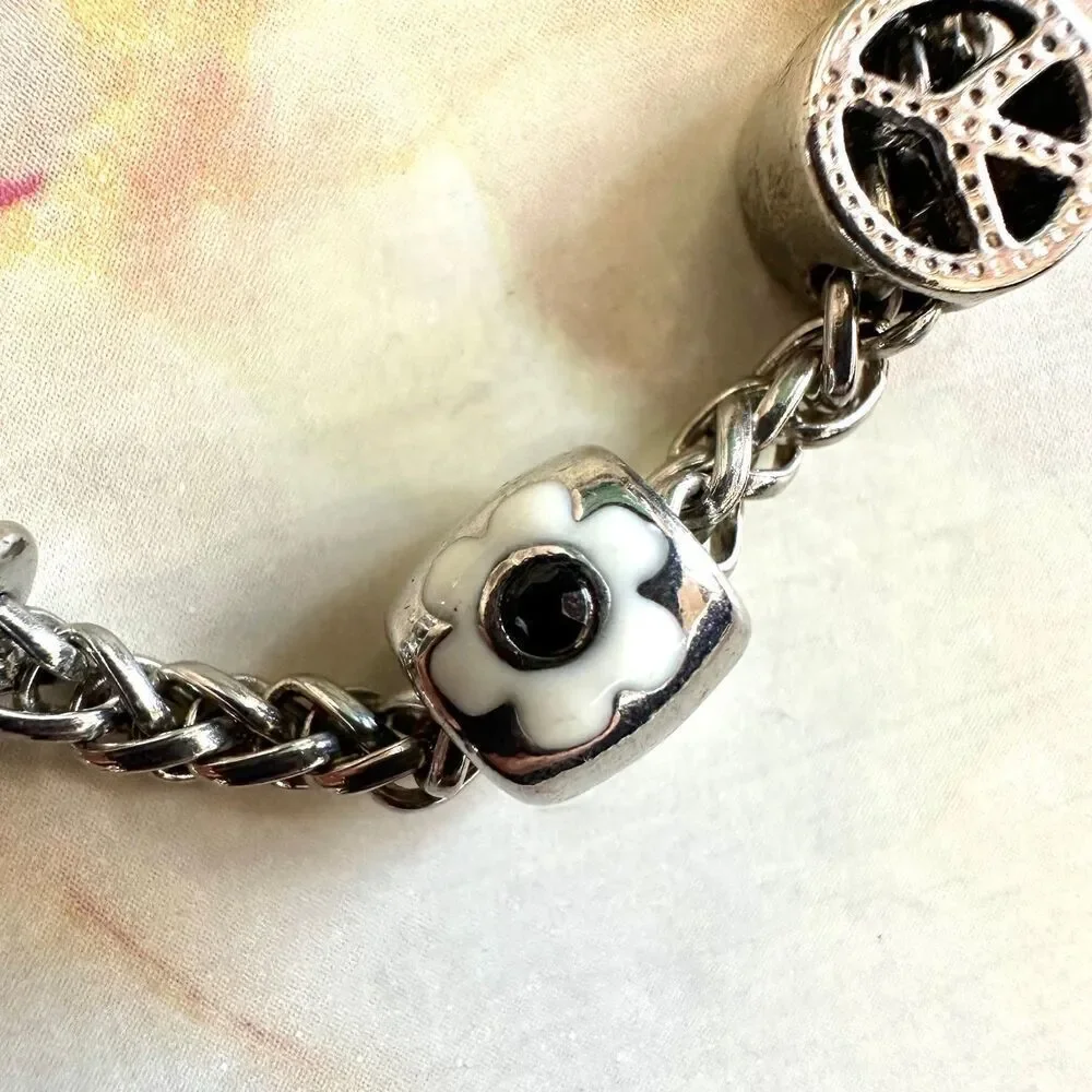 Silver tone bird flower peace owl charm bracelet